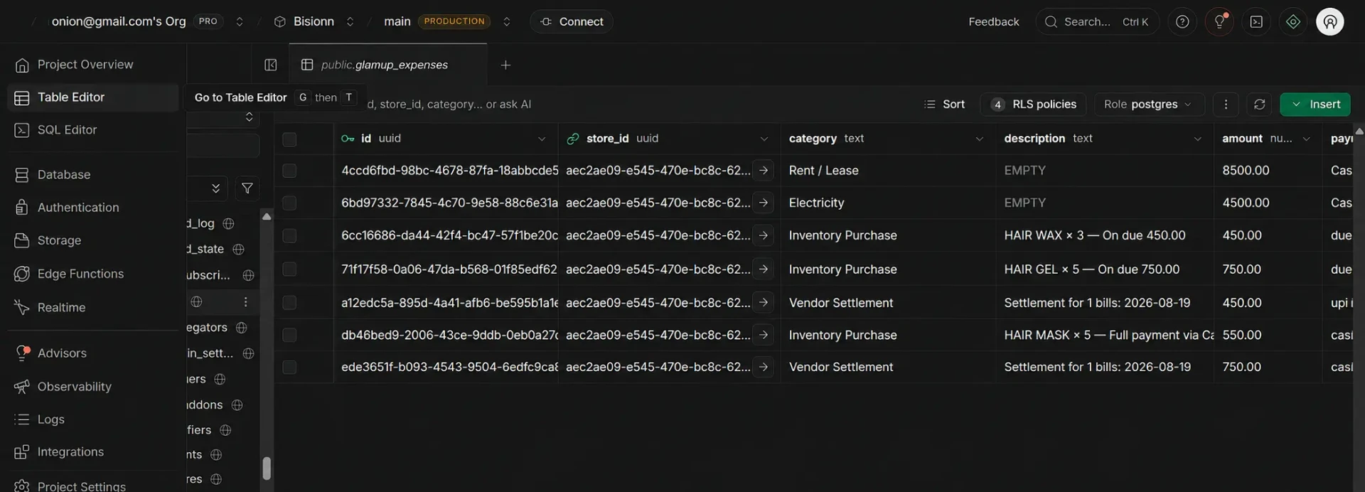 Database table editor dashboard preview