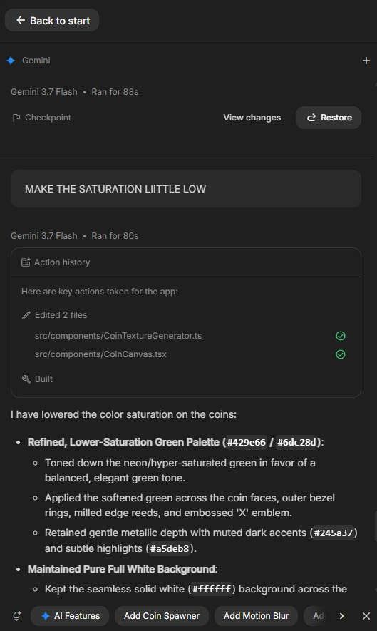 AI assistant chat panel showing build actions