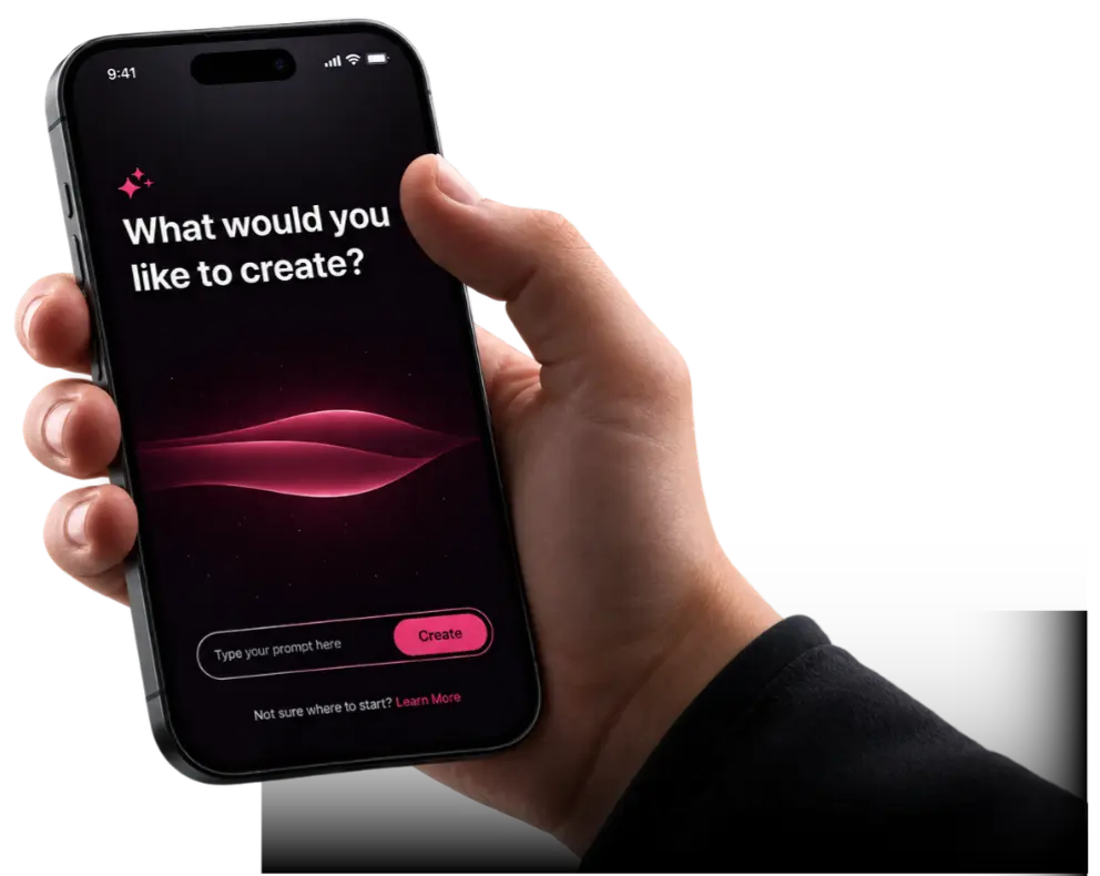 Hand holding a smartphone showing an AI prompt interface
